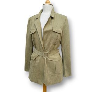 Anthropologie Solitaire Faux Suede Olive Belted Safari Utility Jacket Blazer L